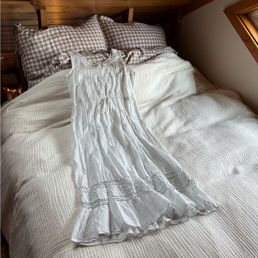 LoveShackFancy White 100% Cotton Lace-Trim Cottagecore Dress